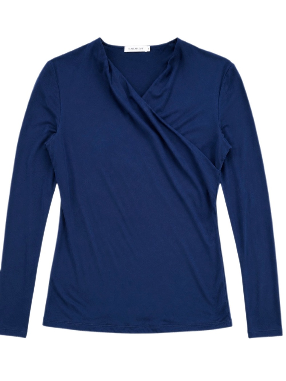M.M.LaFleur Octavia Top Small Navy Blue Draped Crossover V-Neck Long Sleeve